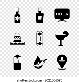 Set Tabasco sauce, Tequila bottle, Hola, Burrito, Hot chili pepper pod, Mexican sombrero,  and  icon. Vector