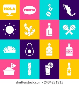 Set Tabasco sauce, Tequila bottle, Maracas, Coffee beans, Cactus, Sun, Hola and  icon. Vector