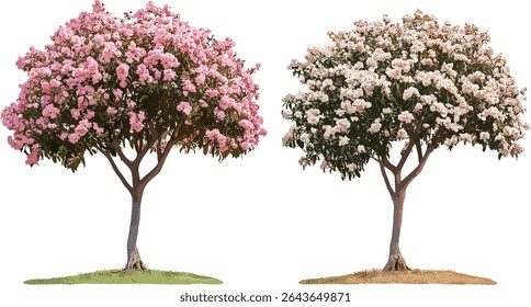 Set of Tabebuia roseoalba tree, White Trumpet Tree, Alapacho blanco, frontal isolated, perfectly cutout, vector illustration, tropical foliage, exotic greenery, urban landscaping.
