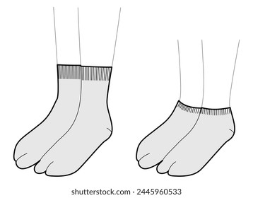 Set von Tabi Thong Socken Strumpfwaren niedrig, hohe Knöchellänge. Mode-Accessoire-Bekleidung technische Illustration Strumpf. Vektorgrafik 3-4 Ansicht für Männer, Frauen, Unisex-Stil flache Vorlage CAD Mockup Skizze Outline