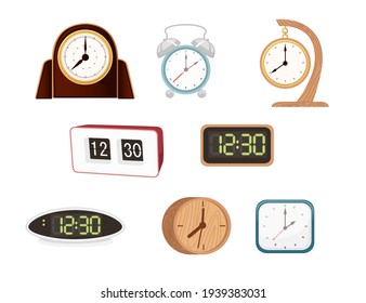 Set of table alarm clocks modern and classic style mechanical and electrical dials vector illustration isolated on white background