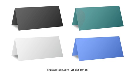 Set of table cards. White, black, teal green and blue bent sheets. Tent table card, nameplate
