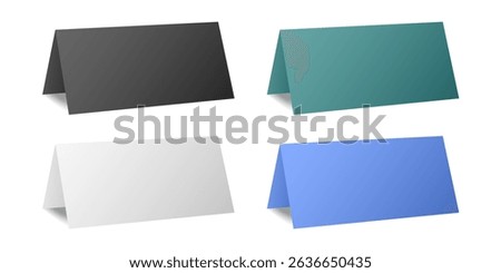 Set of table cards. White, black, teal green and blue bent sheets. Tent table card, nameplate
