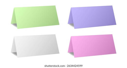 Set of table cards. White, purple, pink and green bent sheets. Tent table card, nameplate