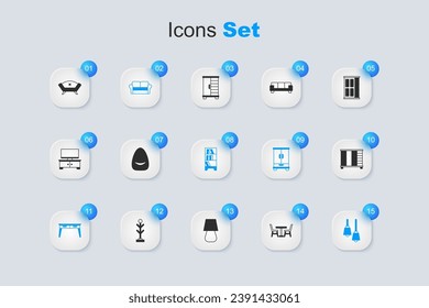 Set Table with chair, Pouf, Sofa, Office desk, Lamp hanging, Wardrobe,  and Library bookshelf icon. Vector