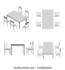 Set with table and chairs. 3D Top view, side view, isometric. Vector illustration.