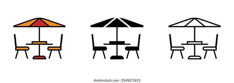 Set of Table with chairs and umbrella icon collection. Outdoor dining. Terrace cafe symbol. Vector Illustration.