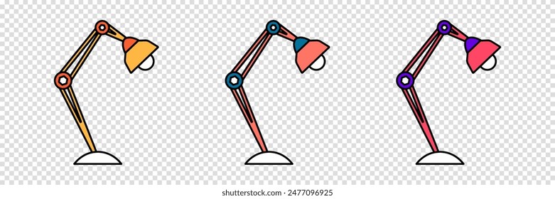 Set of table desk lamp in flat outline style. Reading light in cartoon style. Vector clipart icon on a transparent background.