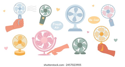 Set of table fan hand fan in flat style. Vector illustration. Fan in hand.