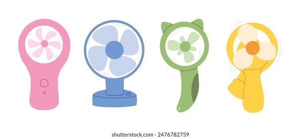 Satz Tischventilator Handventilator im flachen Stil. Moderne Vektorillustration eines Elektroventilators.