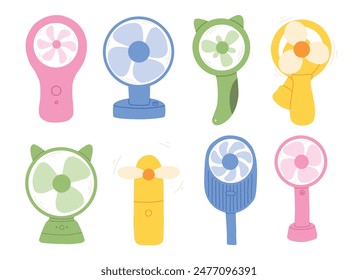 Set of table fan hand fan in flat style. Modern vector illustration of an electric fan.