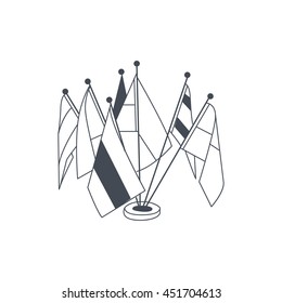Set Of Table Flags For International Meeting Black And White Hand Drawn Illustration In Simplified Graphic Style On White Background
