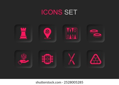 Set Table football, Game dice, Chess, Crossed billiard cues, Checker game chips, Billiard balls in triangle, Backgammon board and  icon. Vector