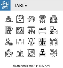 Set of table icons such as Gymnast, Restaurant, Appointment, Sofa, Floor lamp, Meeting, Cabinet, Mixing table, Table, Desk, Reception, lamp, Periodic Salt and pepper ,