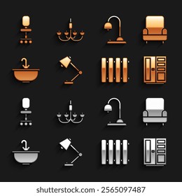 Set Table lamp, Armchair, Wardrobe, Heating radiator, Washbasin with water tap, Office and Chandelier icon. Vector