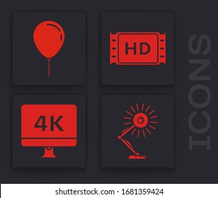 Set Table lamp , Balloon with ribbon , 4k film, tape, frame y Computer PC monitor con un icono de tecnología de video 4k. Vector