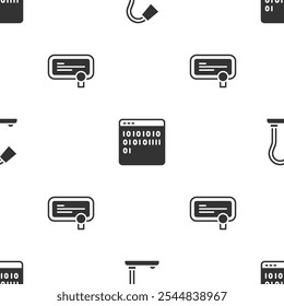 Set Table lamp, Binary code and Certificate template on seamless pattern. Vector