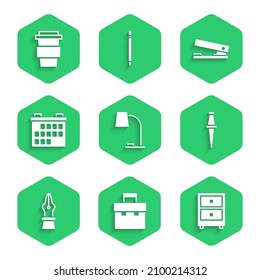 Set Table lamp, Briefcase, Drawer with documents, Push pin, Fountain pen nib, Calendar, Office stapler and Coffee cup to go icon. Vector