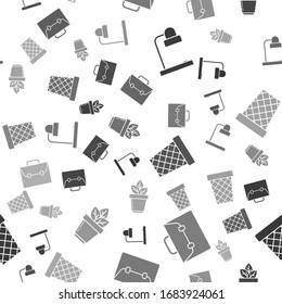 Set Table lamp, Briefcase, Trash can and Flowers in pot on seamless pattern. Vector