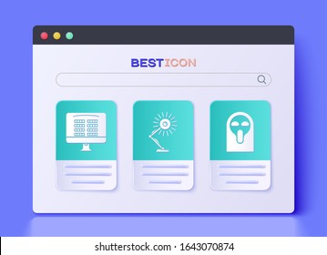 Set Table lamp , Buy cinema ticket online  and Funny and scary ghost mask icon. Vector