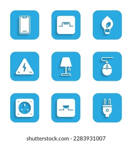 Set Table lamp, Buzzer in electronic circuit, Electric plug, Computer mouse, Electrical outlet, High voltage, Light bulb with leaf and Mobile phone icon. Vector