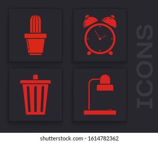 Set Table lamp, Cactus and succulent in pot, Alarm clock and Trash can icon. Vector