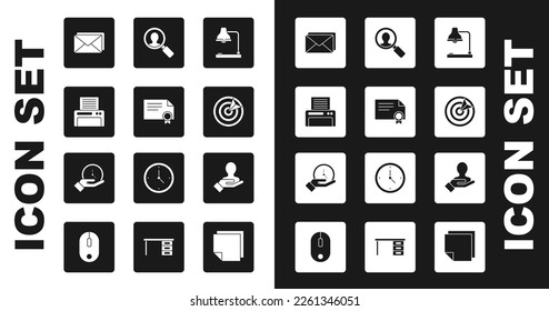 Set Table lamp, Certificate template, Printer, Envelope, Target sport, Magnifying glass for search people, Hand and Clock icon. Vector