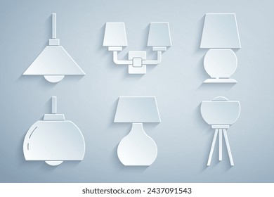 Set Tischlampe, Kronleuchter, Boden, Wandleuchte und Lampe hängende Ikone. Vektor