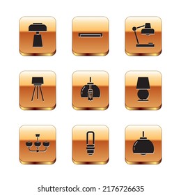 Set Table lamp, Chandelier, LED light bulb, Floor,  and Fluorescent icon. Vector