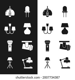 Set Table lamp, Chandelier, Light emitting diode, Flashlight, Led track lights lamps,  and Floor icon. Vector