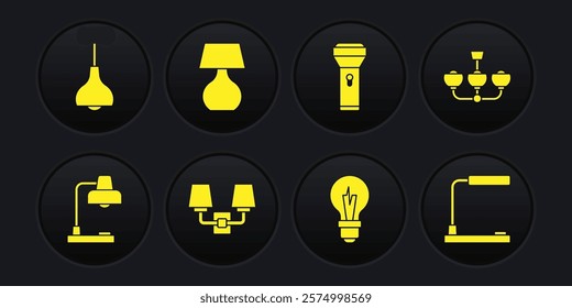 Set Table lamp, Chandelier, Wall or sconce, Light bulb, Flashlight,  and Lamp hanging icon. Vector