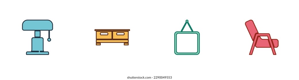 Set Table lamp, Chest of drawers, Mirror and Armchair icon. Vector