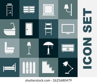 Set Table lamp, Chest of drawers, Picture frame on table, Makeup mirror with lights, Closed door, Washbasin water tap, Bathroom rack shelves for towels and Chair icon. Vector