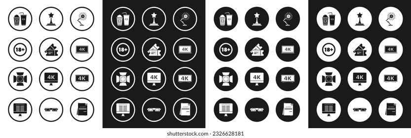 Set Table lamp, Cinema ticket, Under 18 years, Popcorn and soda drink glass, Laptop screen with 4k video technology, Movie trophy,  and spotlight icon. Vector