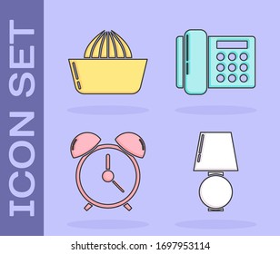 Fijar lámpara de mesa , Jugo de frutas de cítricos , reloj de alarma e icono del teléfono. Vector