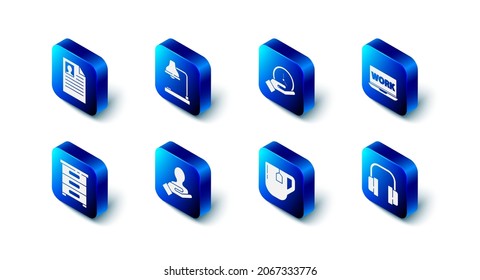 Set Table Lamp, Clock, Laptop With Text Work, Headphones, Cup Of Tea Tea Bag, Hand For Search People, Drawer Documents And Resume Icon. Vector