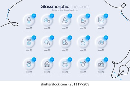 Set of Table lamp, Dirty water and Stop fishing line icons for web app. Pie chart, Buildings, Best rank icons. Wallet, Eco food, Video conference signs. Add user, App settings, Finance. Vector