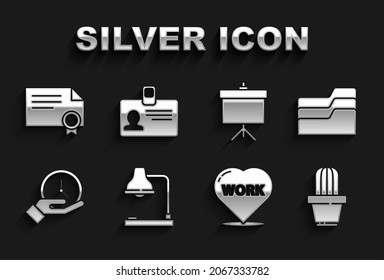 Set Table lamp, Document folder, Cactus and succulent in pot, Heart with text work, Clock, Chalkboard diagram, Certificate template and Identification badge icon. Vector