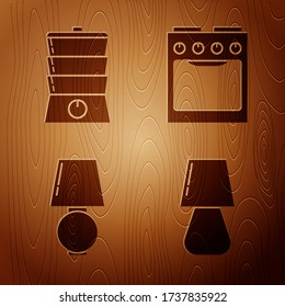 Set Table lamp , Double boiler , Table lamp  and Oven  on wooden background. Vector