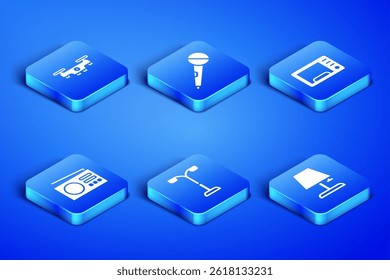 Set Table lamp, Drone flying, Street light, Radio, Microphone and Microwave oven icon. Vector