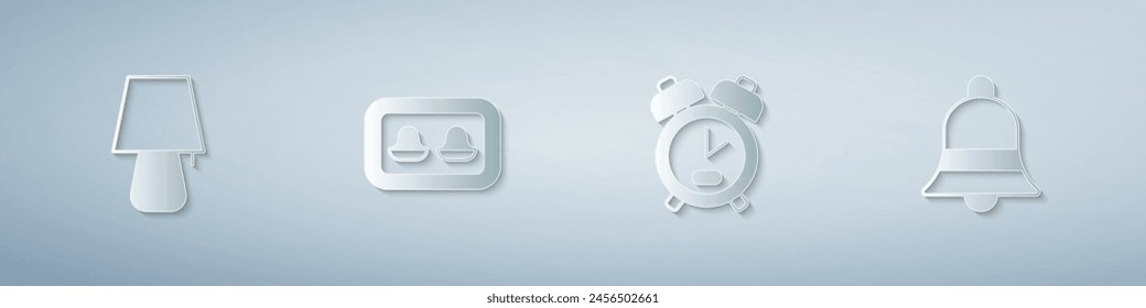 Set Table lamp, Earplugs with storage box, Alarm clock and Ringing bell. Paper art style. Vector