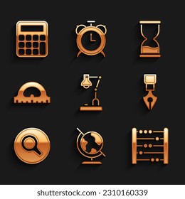 Set Table lamp, Earth globe, Abacus, Fountain pen nib, Magnifying glass, Protractor grid, Old hourglass and Calculator icon. Vector