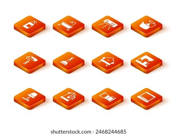 Set Table lamp, Electric kettle, Paint roller brush, Rubber plunger, Bed, Sofa, Laptop and Coffee machine icon. Vector