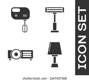 Ajuste lámpara de mesa , Mezclador eléctrico , Presentación, película, película, proyector multimedia e icono del calentador eléctrico. Vector