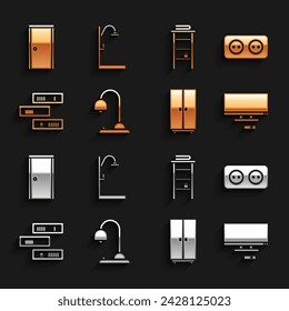 Set Table lamp, Electrical outlet, Smart Tv, Wardrobe, Shelf with books, Bathroom rack shelves for towels, Closed door and Shower icon. Vector