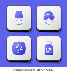 Set Table lamp, Eye sleep mask, Sleepy and Sleeping pill icon. White square button. Vector