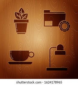 Set Table lamp, Flowers in pot, Coffee cup flat and Folder settings with gears on wooden background. Vector