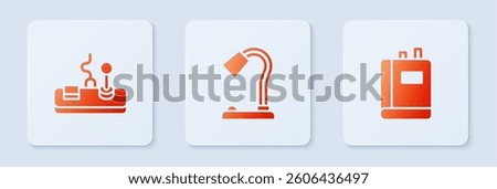 Set Table lamp, Gamepad and Book. White square button. Vector