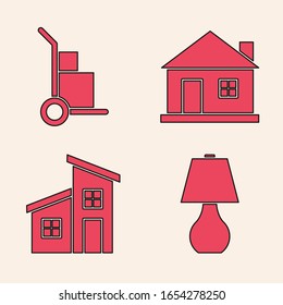 Set Table lamp, Hand truck and boxes, House and House icon. Vector