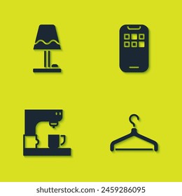 Set Lámpara de mesa, Armario colgante, Cafetera y Icono de App Móviles. Vector